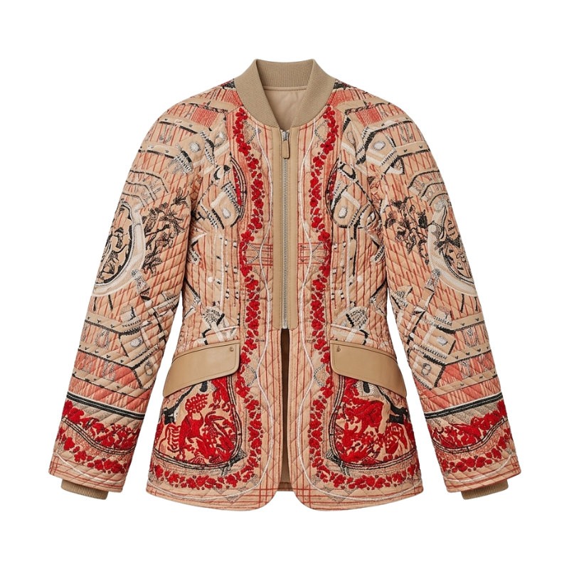 Veste équestre mat mix cuir imprimé « Aux Champs en Fleurs Rayé » - Rouge