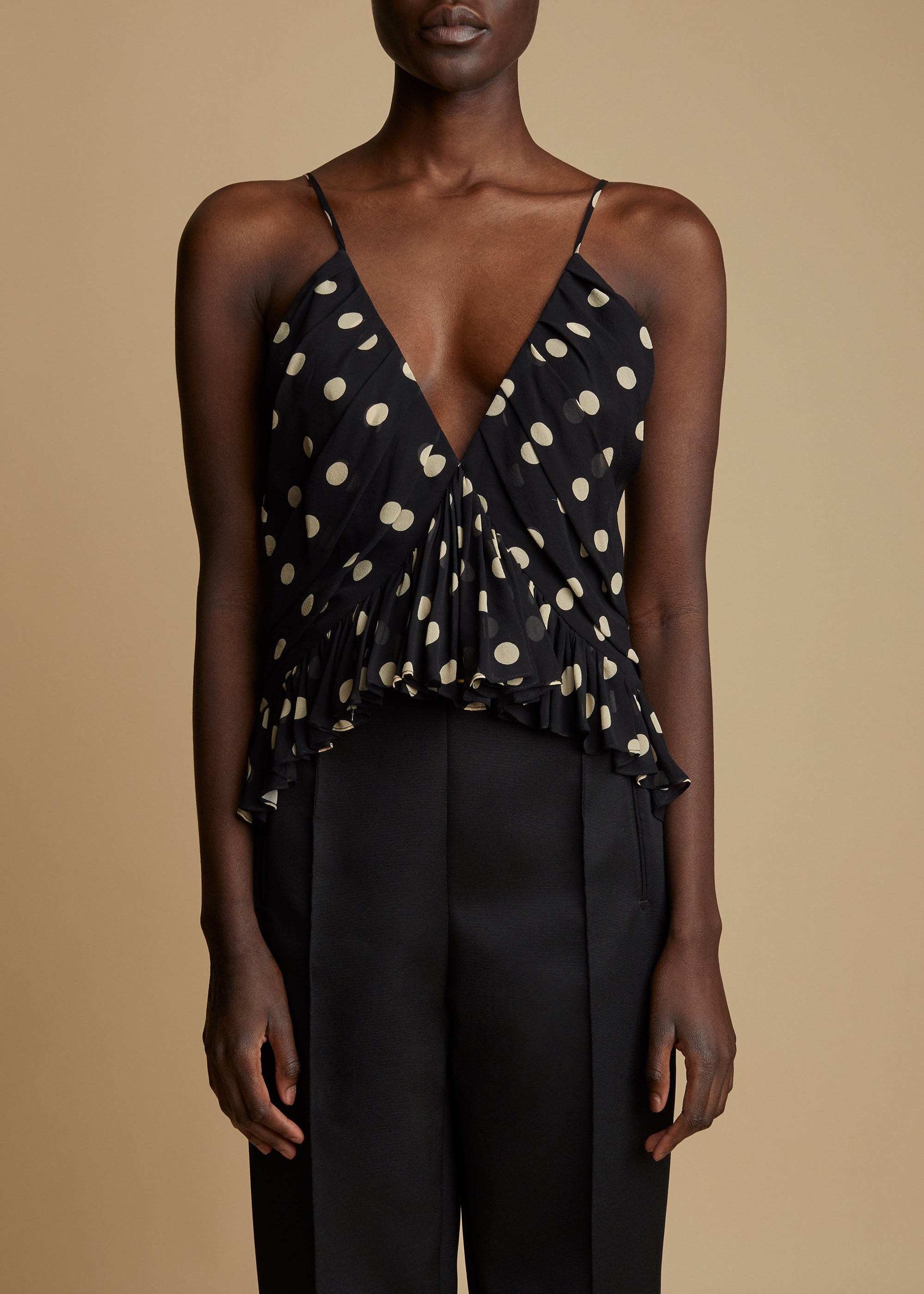 Top Mista en soie - Black & Creme Small Dot