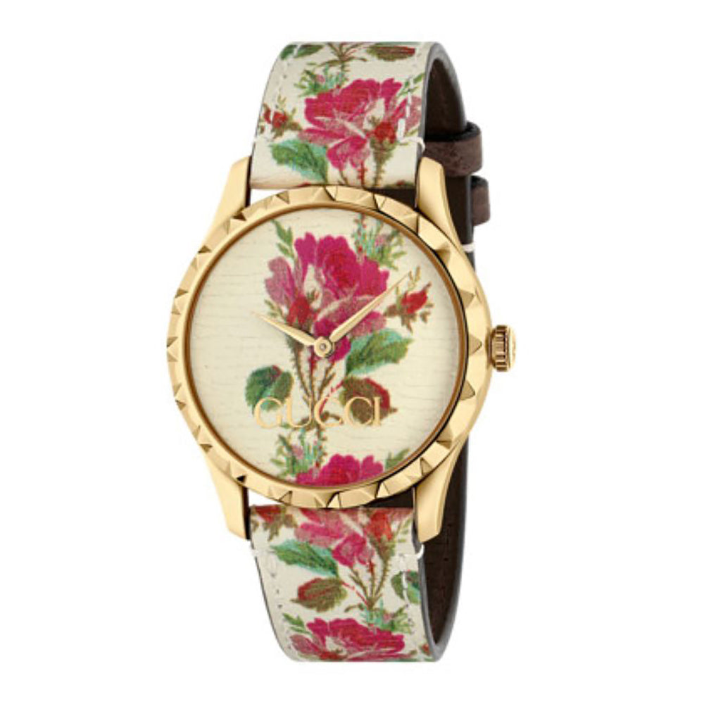 Montre à quartz G-Timeless à fleurs en plaqué or - Beige & Flower