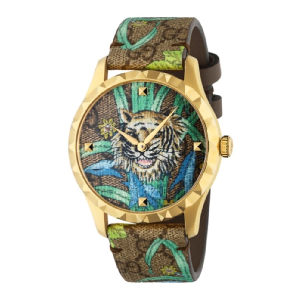 Montre à quartz G-Timeless à cadran tigre en plaqué or - Tiger & Flower