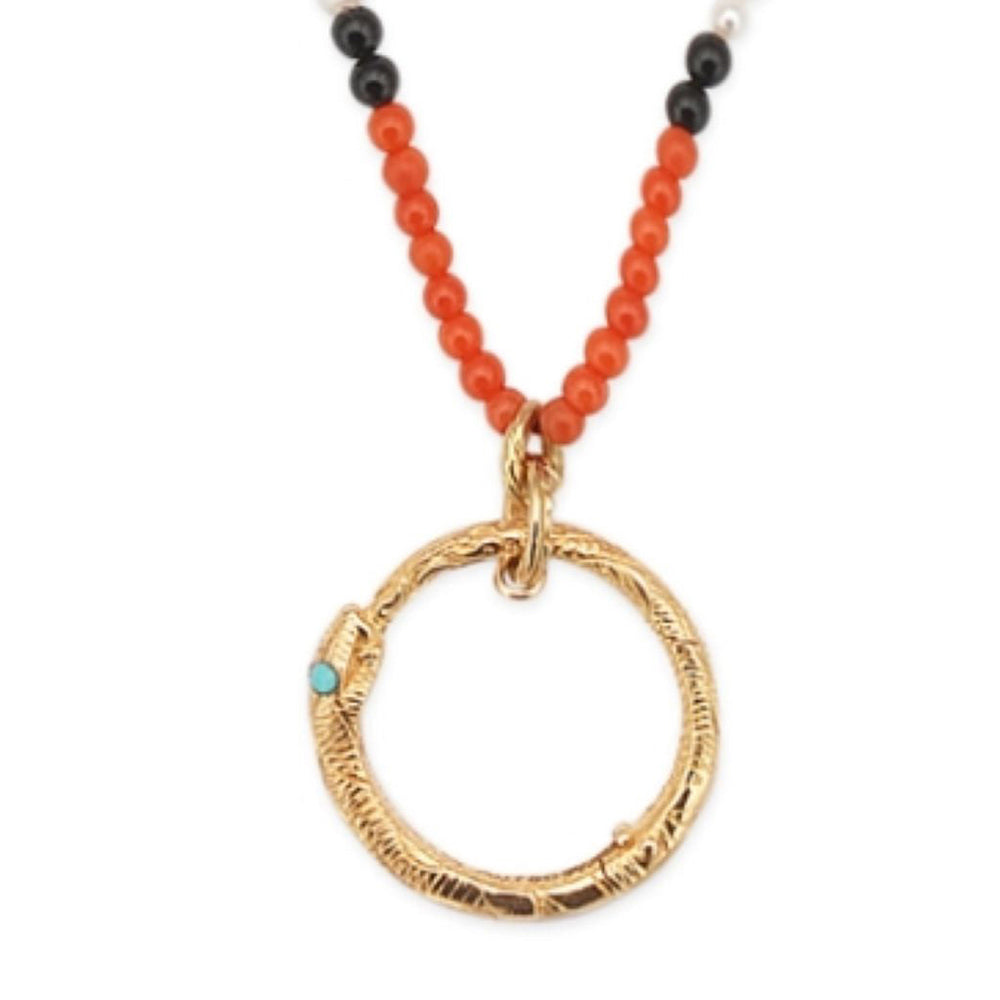 Collier Ouroboros en or jaune 18K & Corail et Multi pierres - Multicolor
