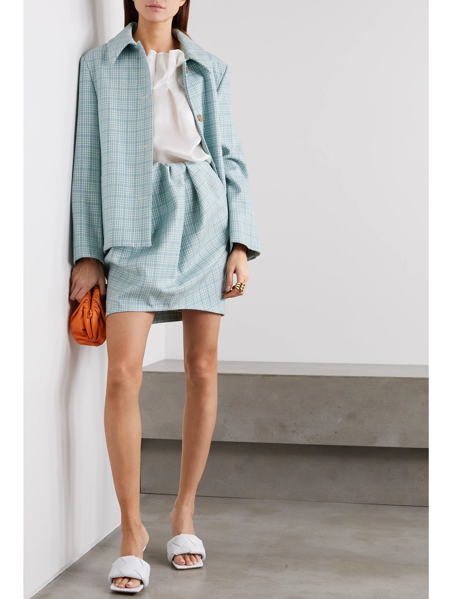 Jupe courte en check de laine - Check Bleu & Vert Ecru