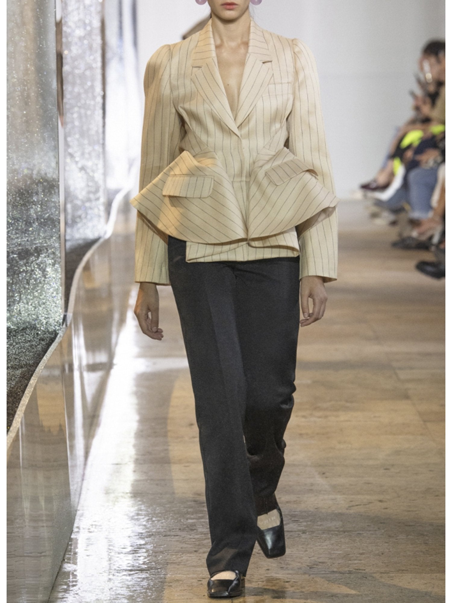 Veste à volants rayée en soie - Beige & Navy