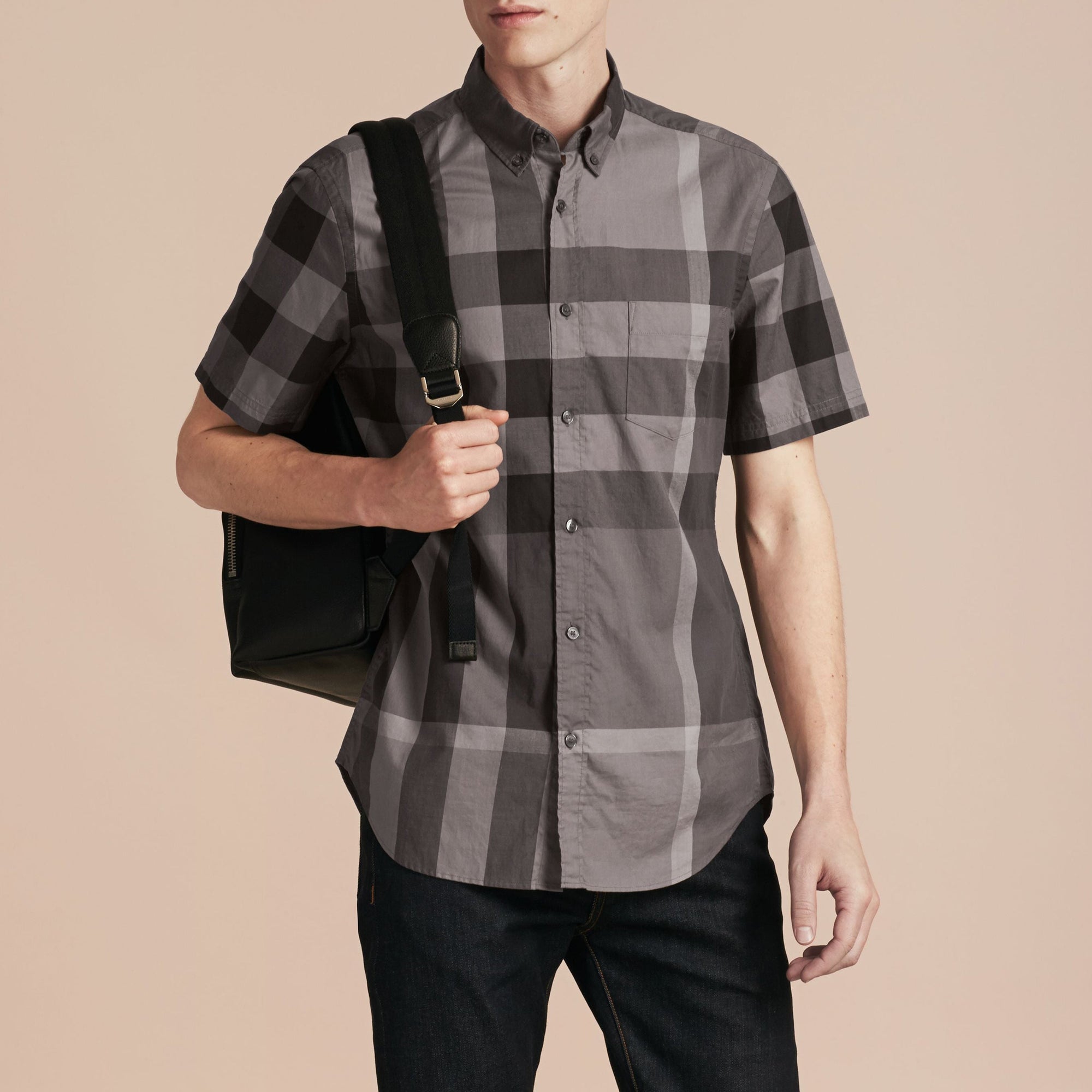 Chemise en coton à manches courtes avec motif check - Charcoal