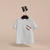 T-shirt en coton avec poche à motif check - Grey Melange