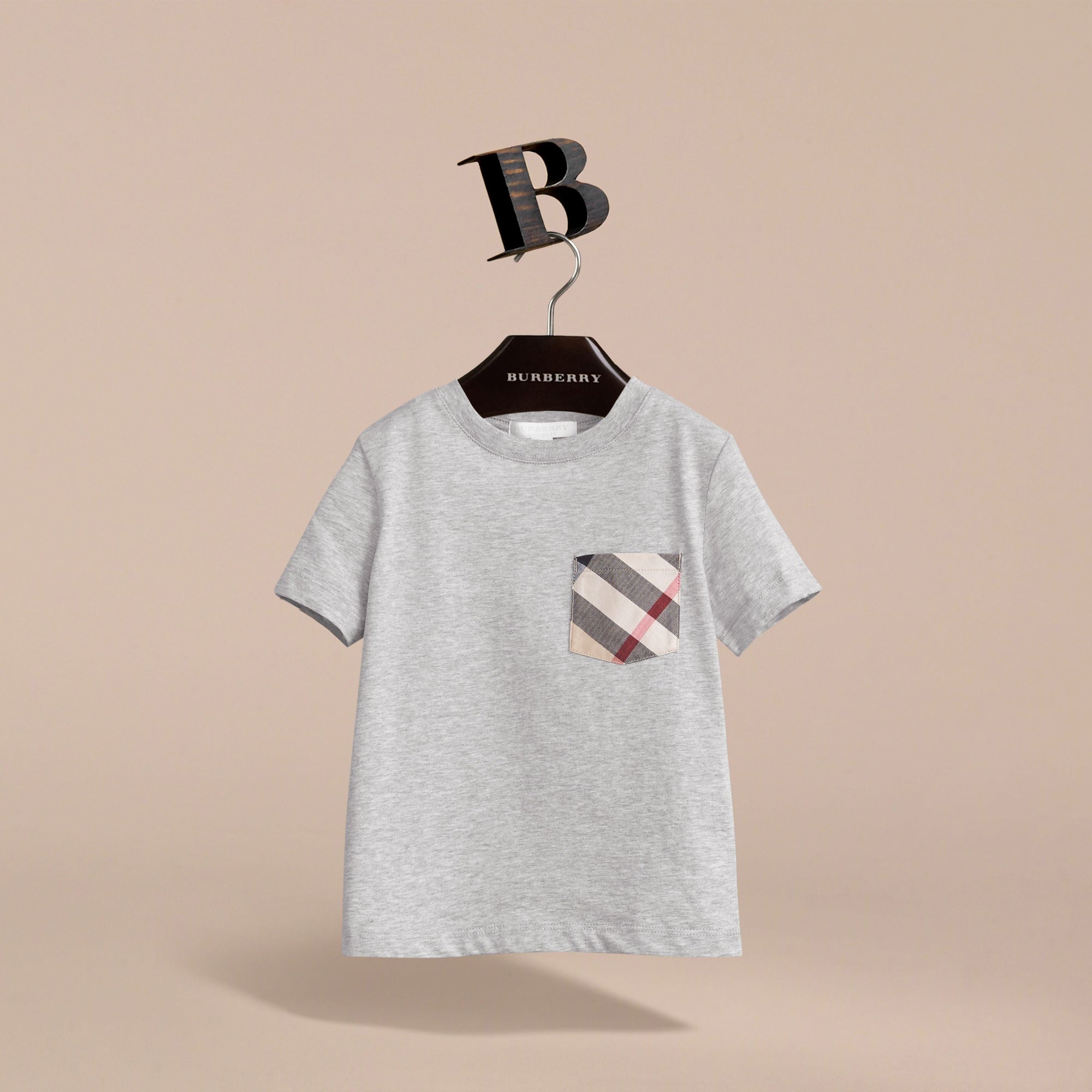 T-shirt en coton avec poche à motif check - Grey Melange