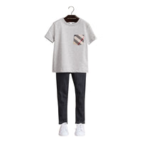 T-shirt en coton avec poche à motif check - Grey Melange