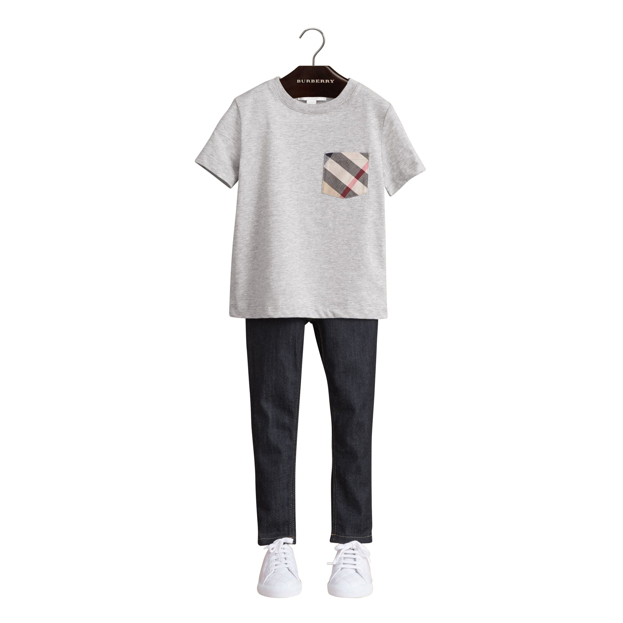 T-shirt en coton avec poche à motif check - Grey Melange