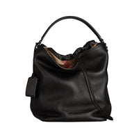 Sac hobo medium en cuir et toile check - Black