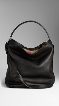 Sac hobo medium en cuir et toile check - Black