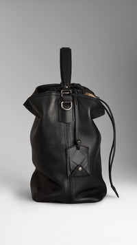 Sac hobo medium en cuir et toile check - Black