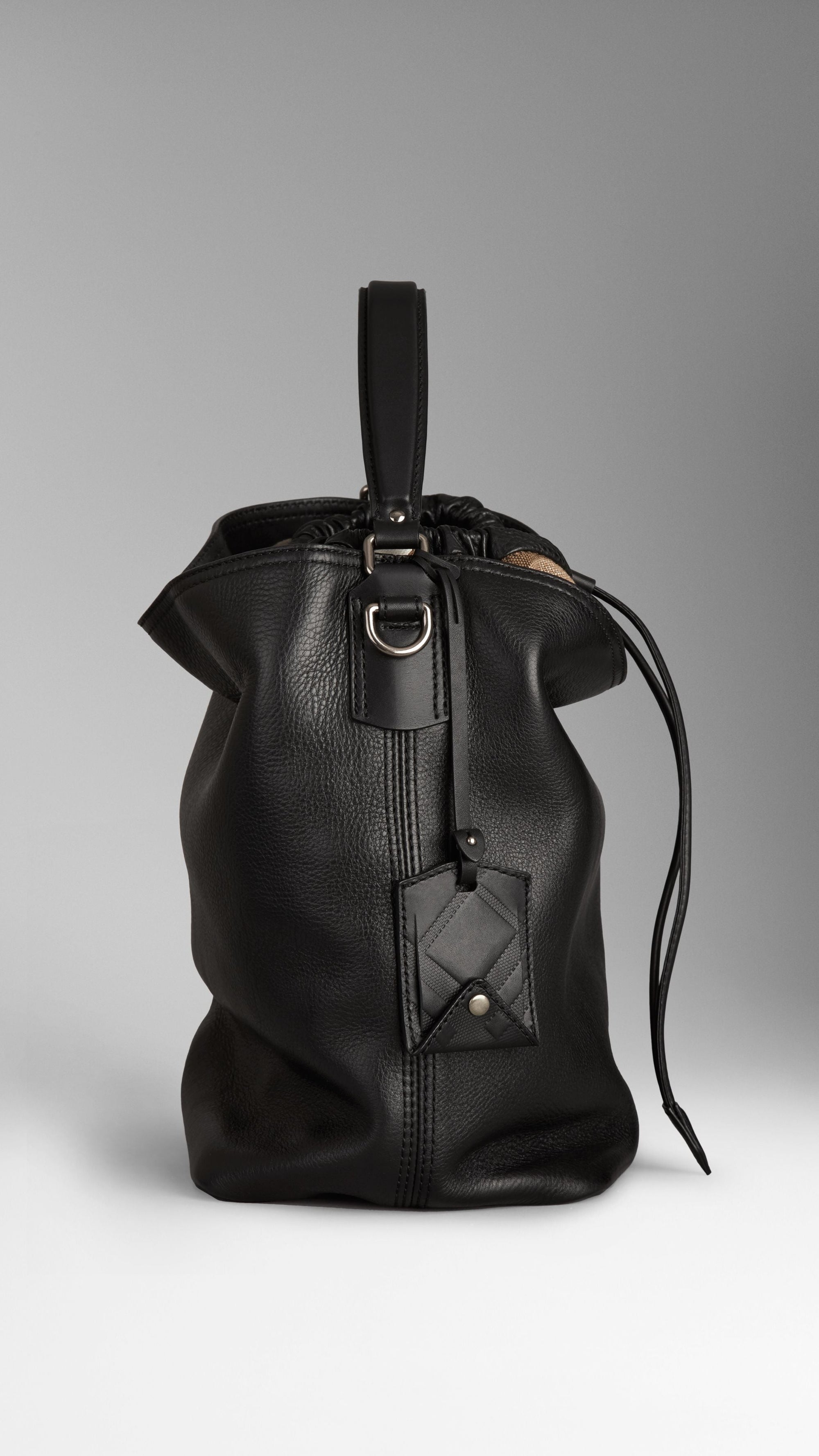 Sac hobo medium en cuir et toile check - Black