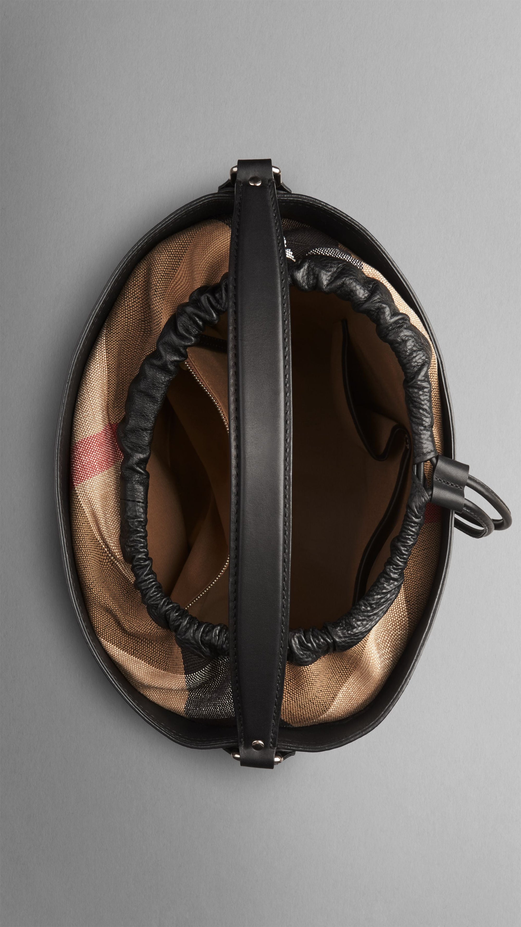 Sac hobo medium en cuir et toile check - Black