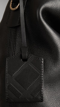 Sac hobo medium en cuir et toile check - Black