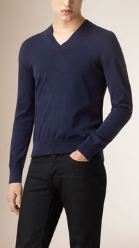Pull col V en coton Sea Island - Navy