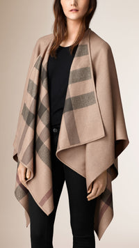 Poncho en laine doublé du motif check - Smoked Trench Check