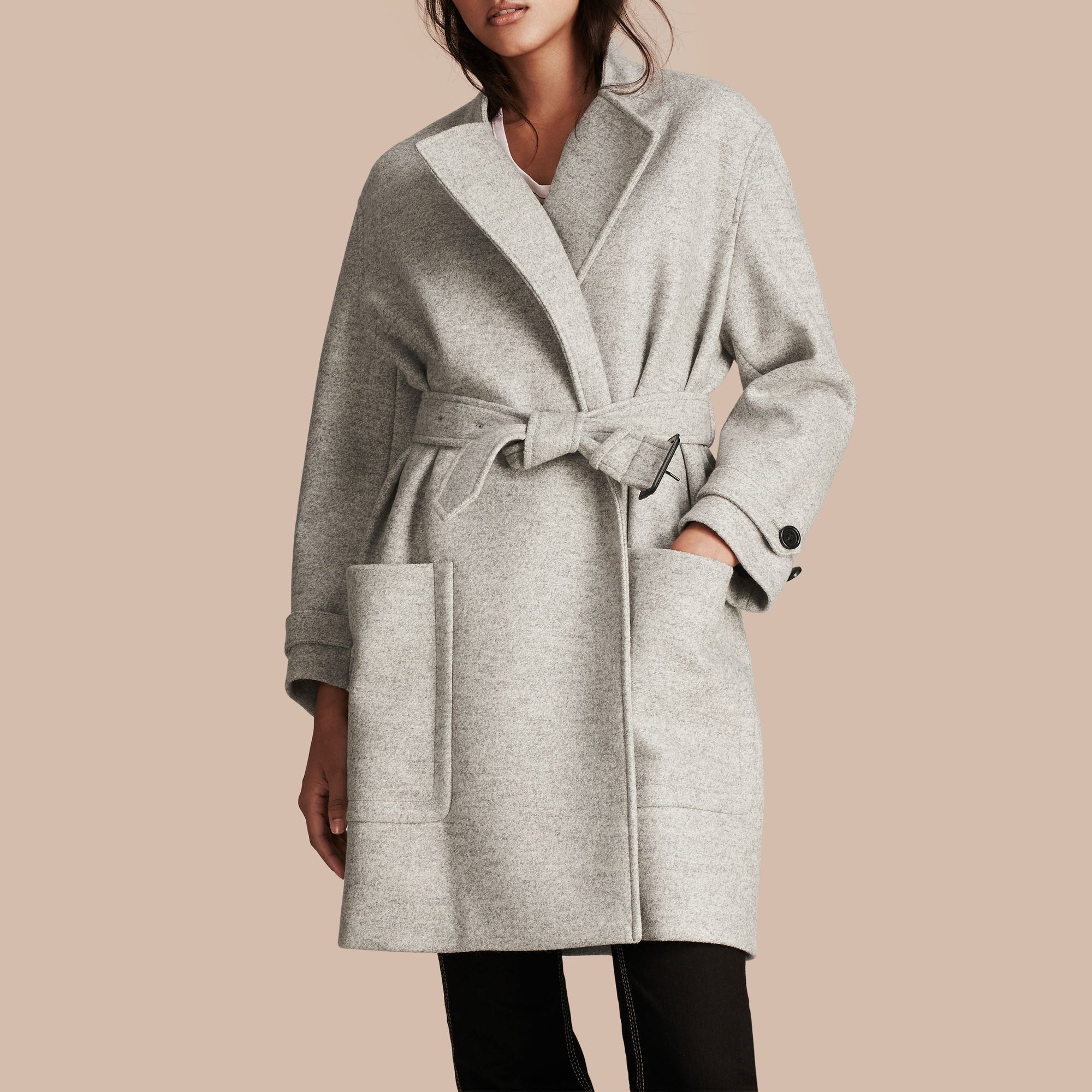 Manteau portefeuille ceinturé en laine - Pale Grey Melange