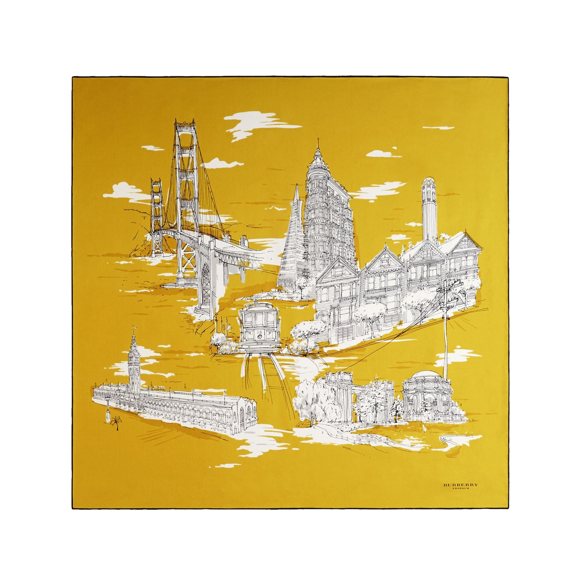 Carré de soie medium illustré de monuments de San Francisco - Cornflower Yellow