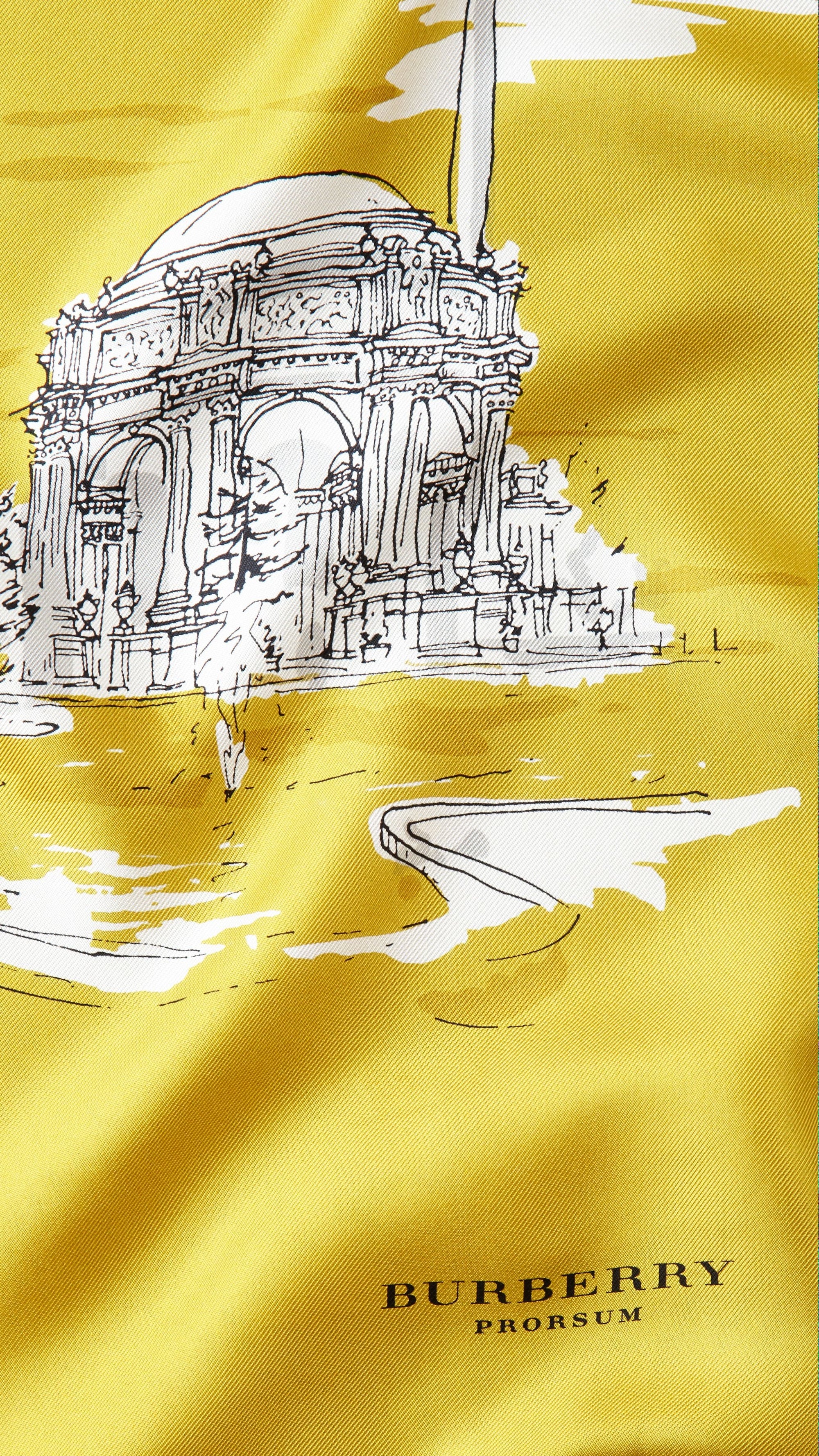 Carré de soie medium illustré de monuments de San Francisco - Cornflower Yellow