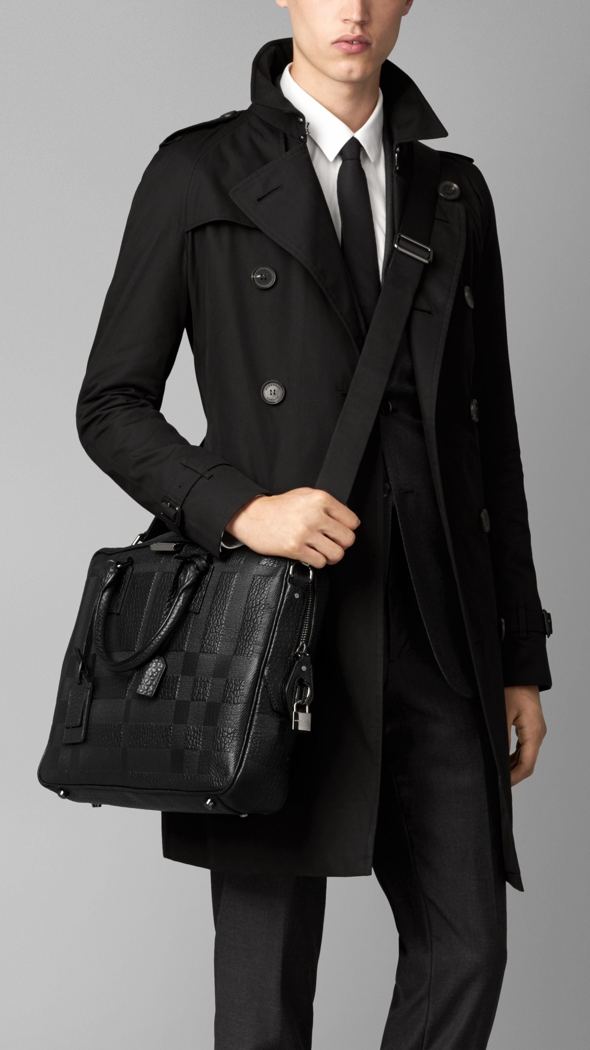 Attaché-case en cuir gravé de check en relief - Black
