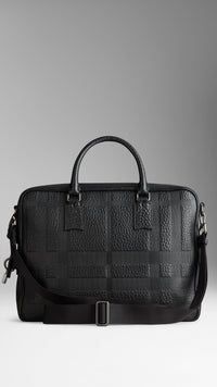 Attaché-case en cuir gravé de check en relief - Black