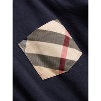 T-shirt en coton à manches longues avec poche à motif check - True Navy