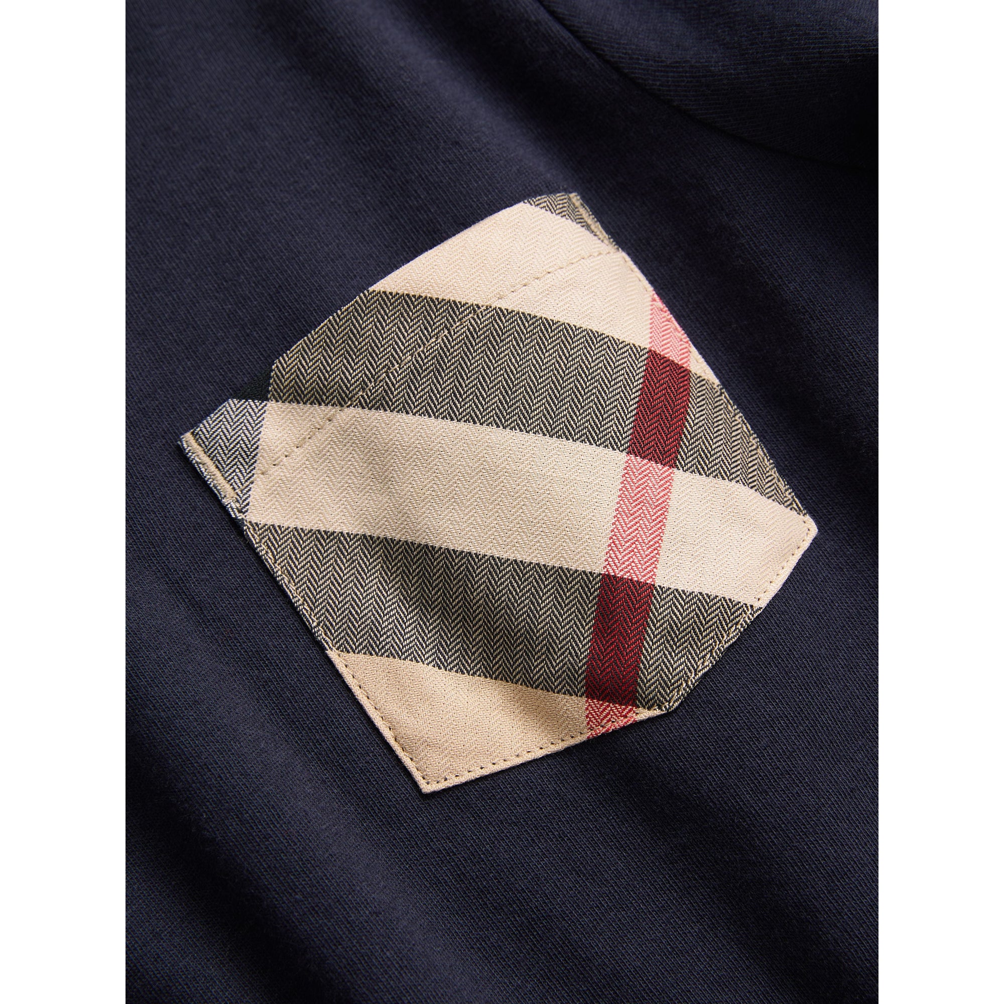 T-shirt en coton à manches longues avec poche à motif check - True Navy