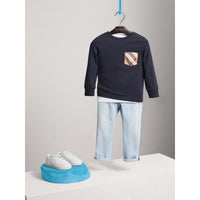T-shirt en coton à manches longues avec poche à motif check - True Navy