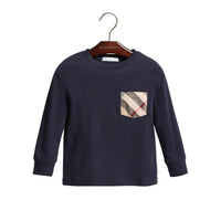 T-shirt en coton à manches longues avec poche à motif check - True Navy
