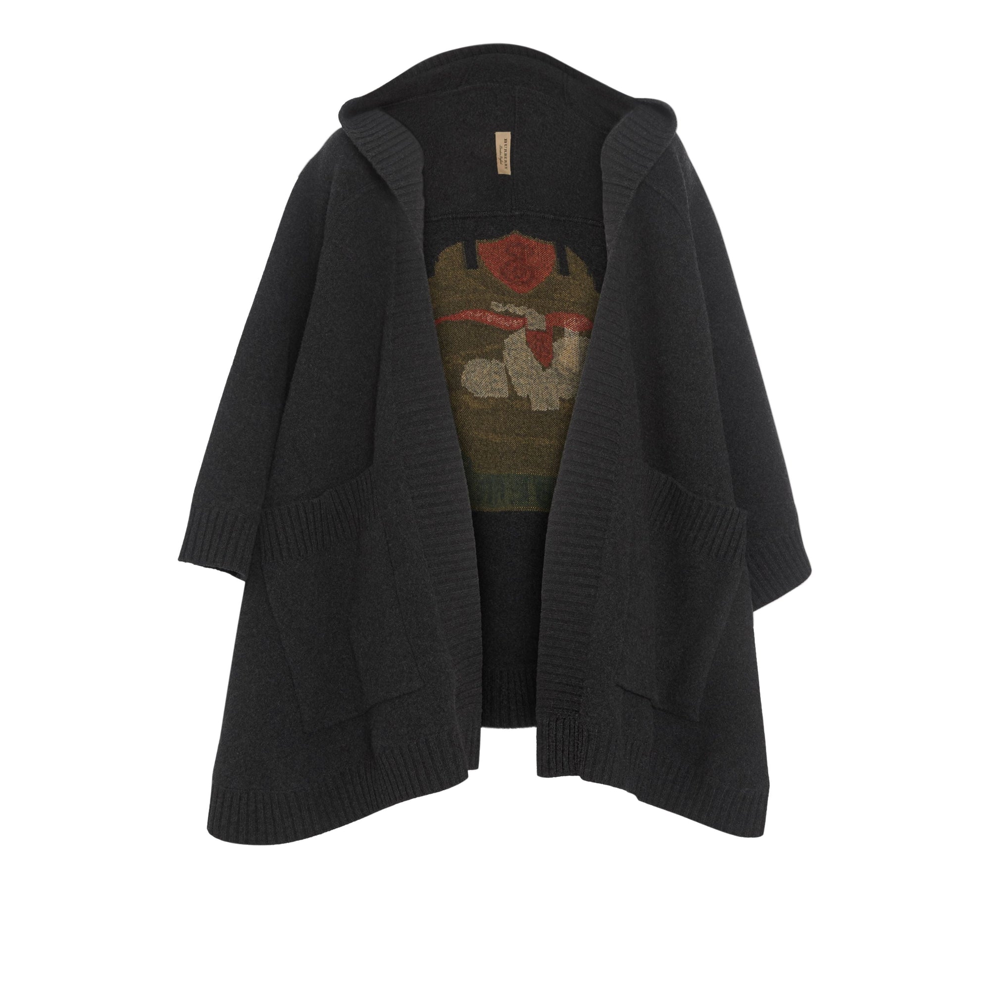 Cape à capuche en laine mélangée avec écusson en jacquard - Charcoal