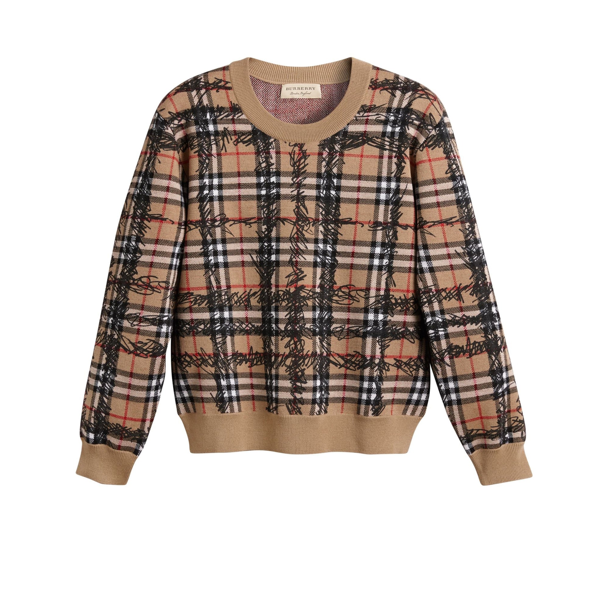 Pull en laine mérinos à motif check griffonné - Camel & Black