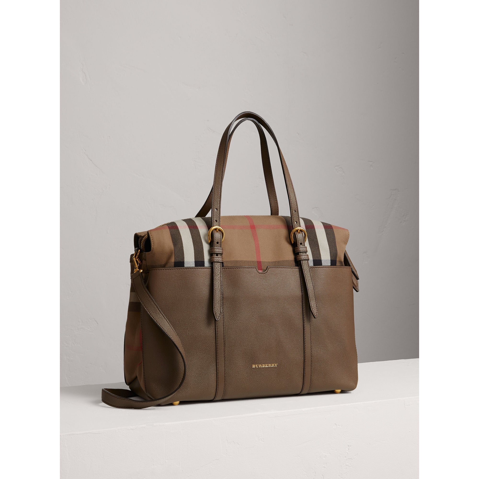 Sac à langer à motif House check avec détails en cuir - Taupe Grey