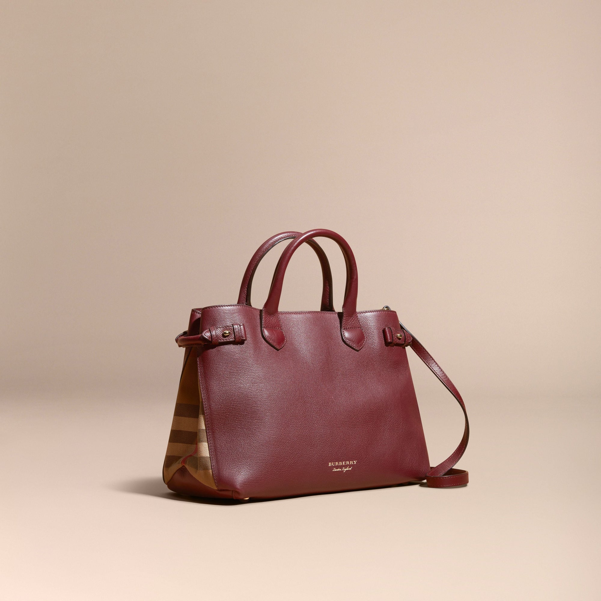 Sac The Banner medium en cuir et coton House check - Mahogany Red