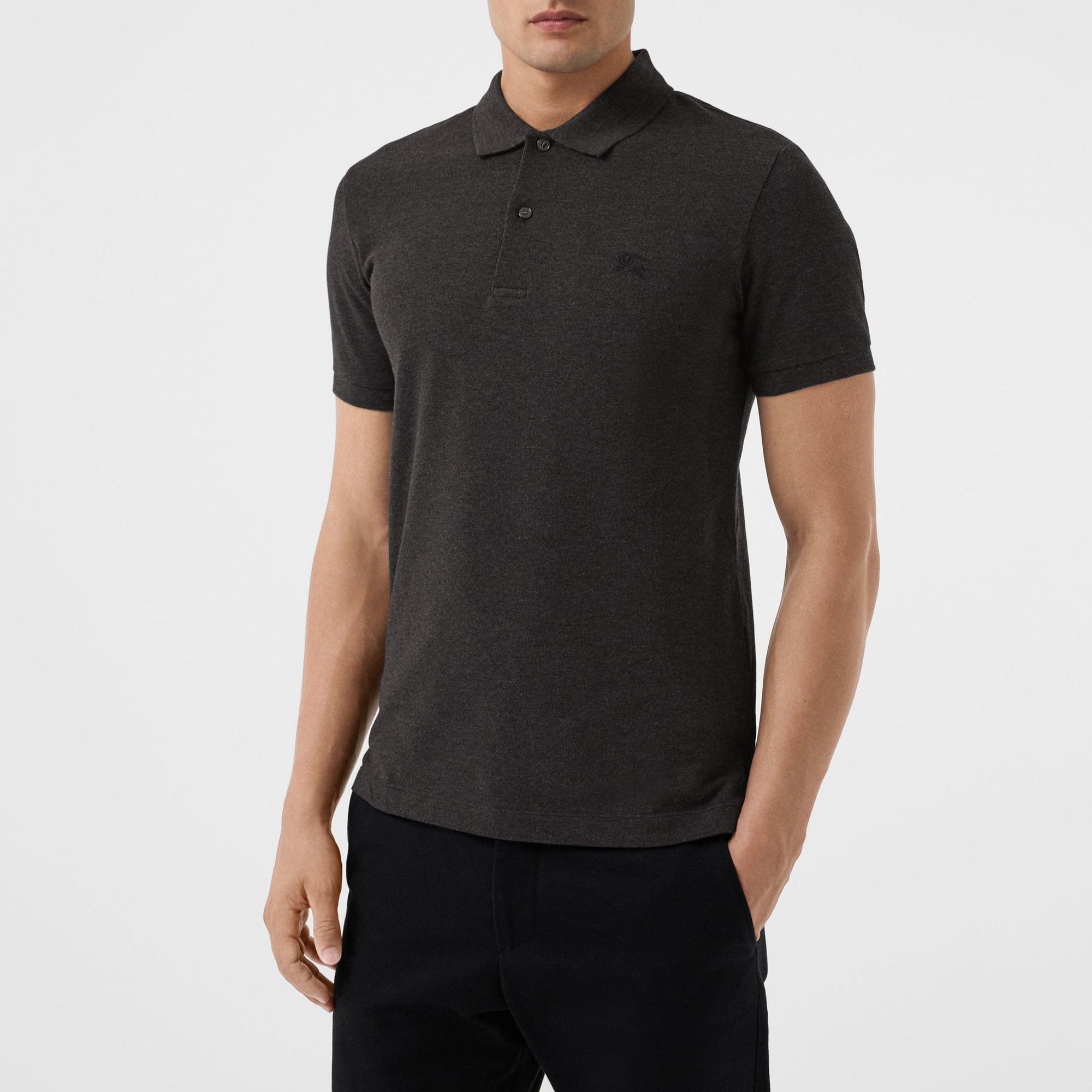 Polo en piqué de coton avec patte à motif check - Dark Charcoal Mel