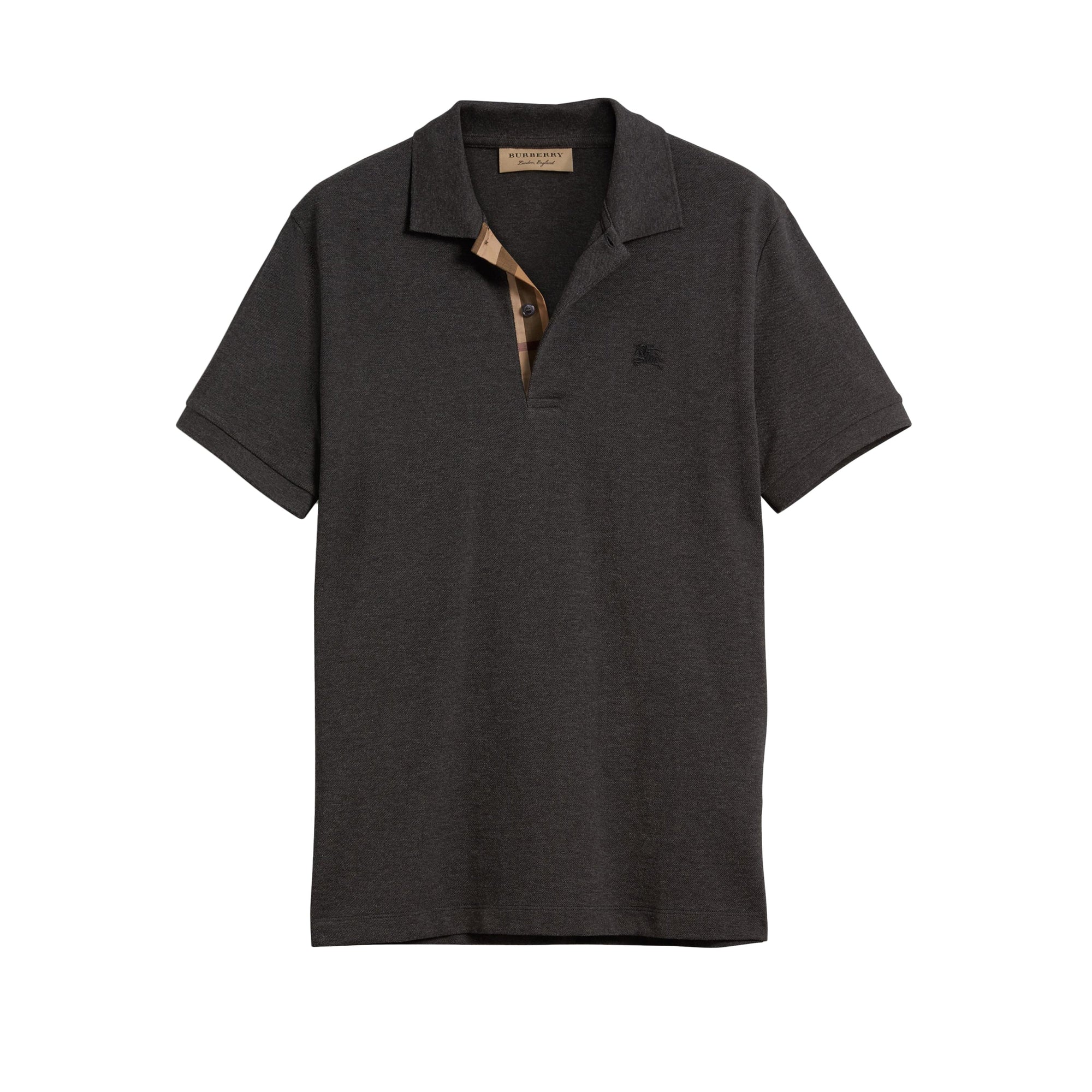 Polo en piqué de coton avec patte à motif check - Dark Charcoal Mel