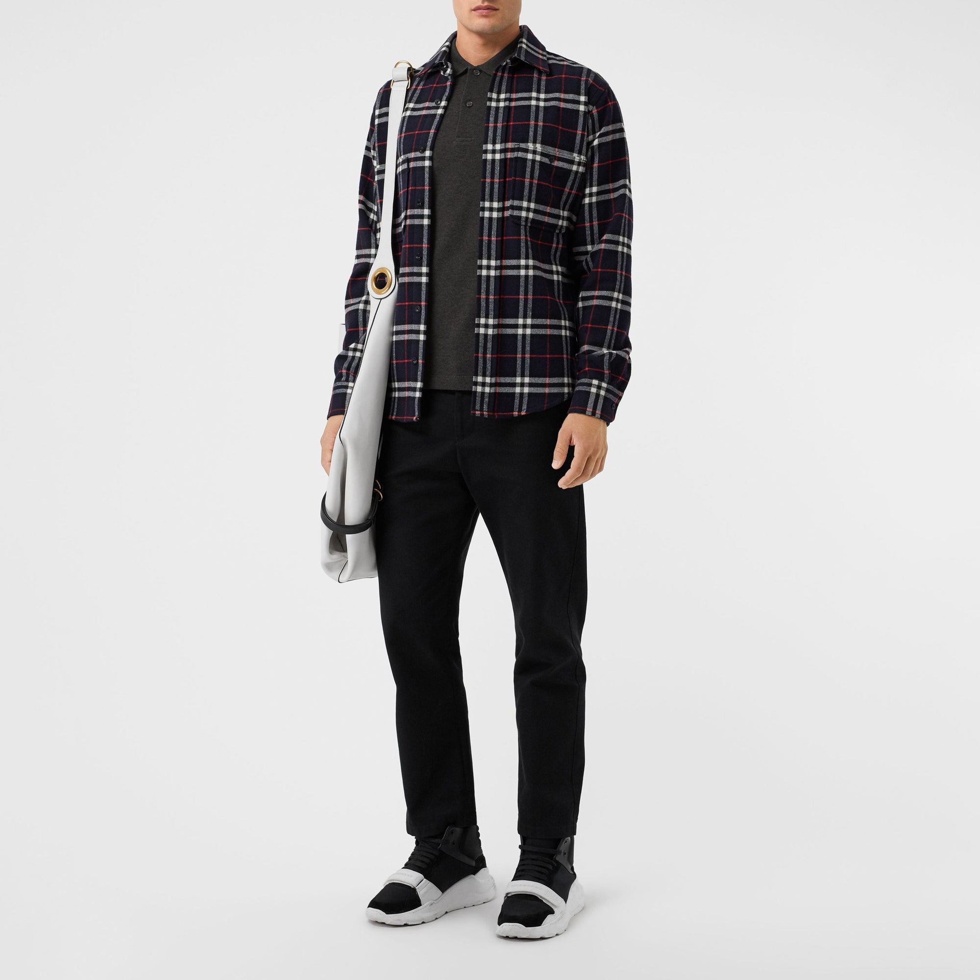 Polo en piqué de coton avec patte à motif check - Dark Charcoal Mel