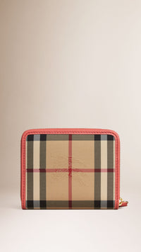 Petit portefeuille zippé en tissu Horseferry check et cuir - Coral Pink
