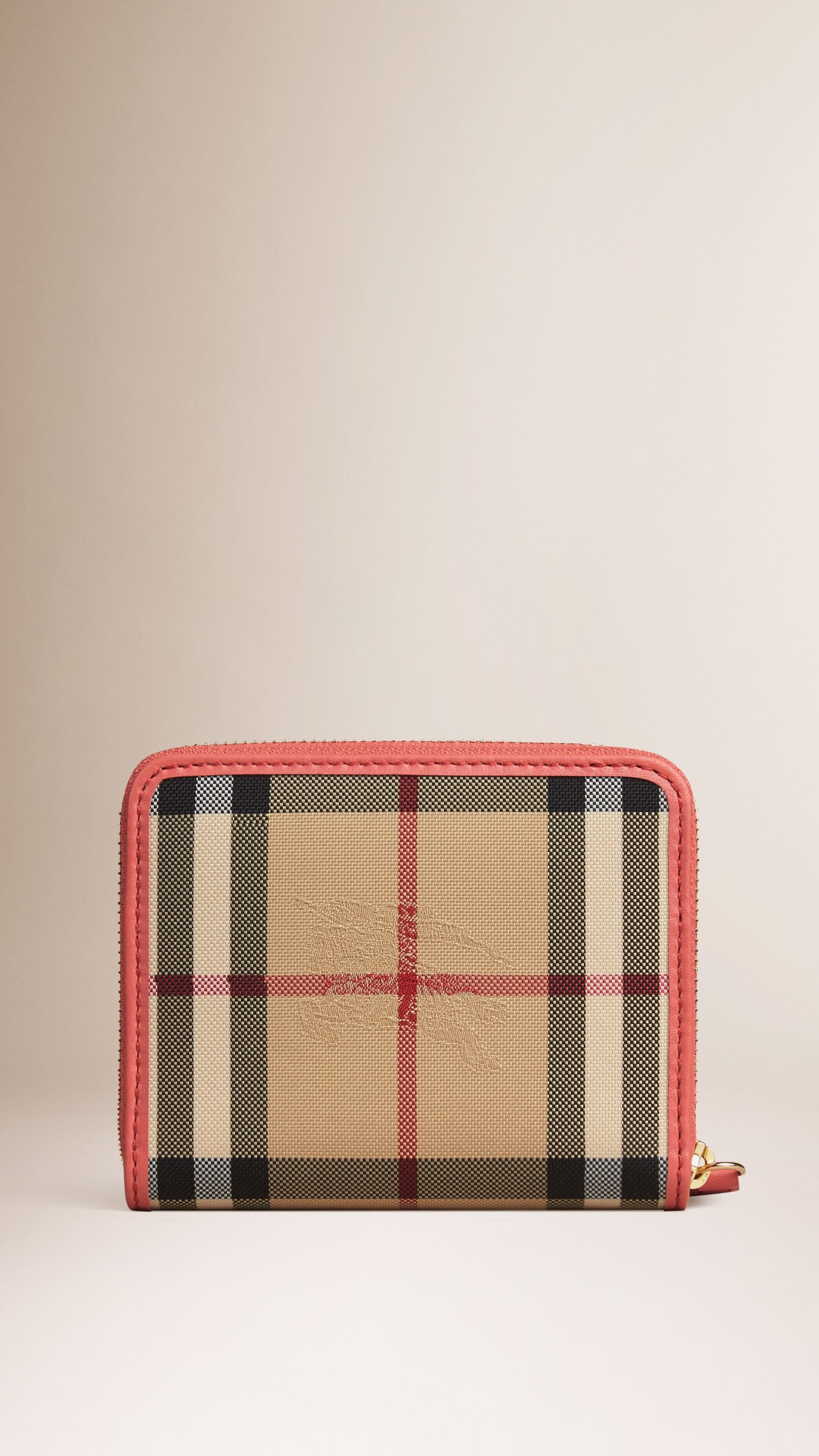 Petit portefeuille zippé en tissu Horseferry check et cuir - Coral Pink
