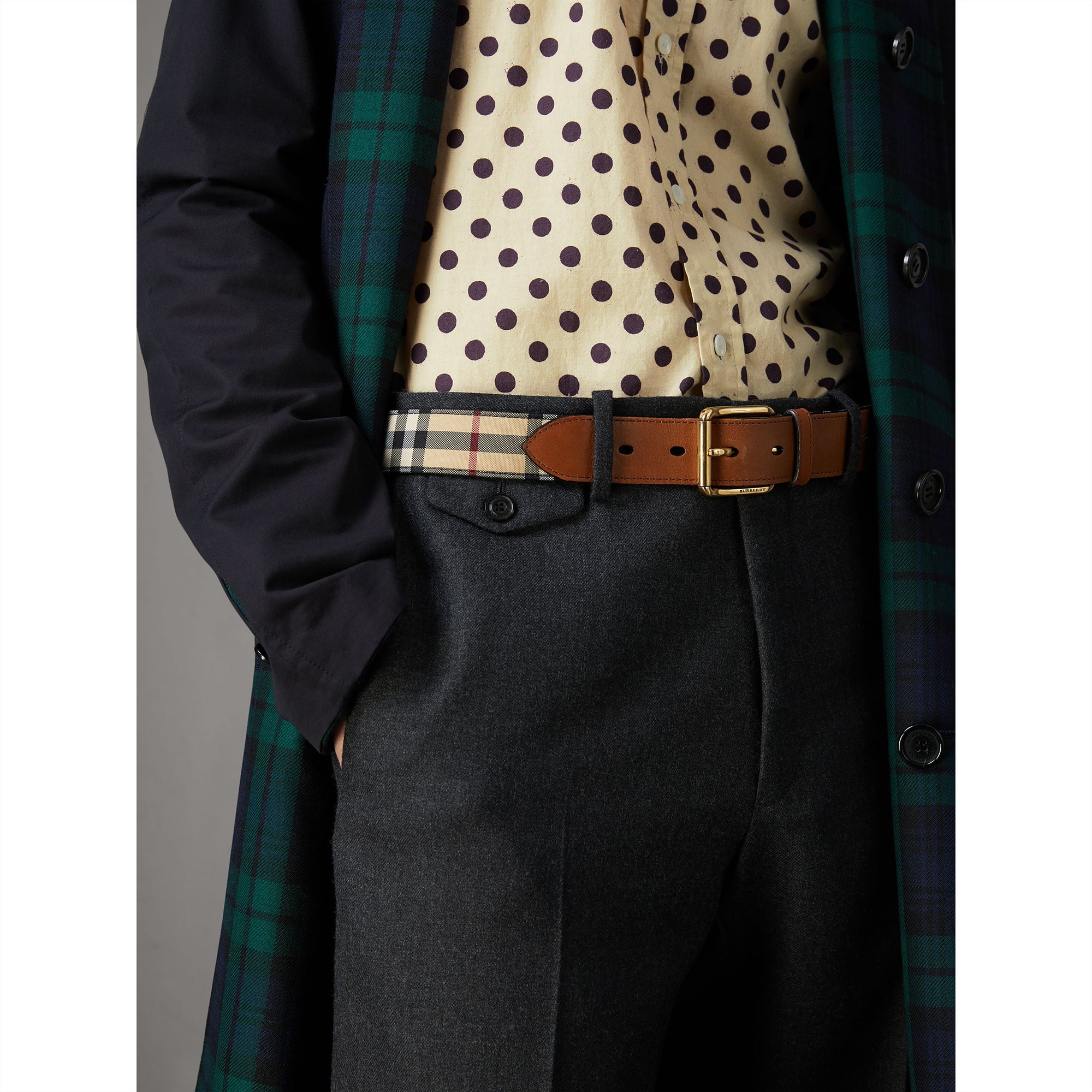 Ceinture à motif Horseferry check avec éléments en cuir - Tan