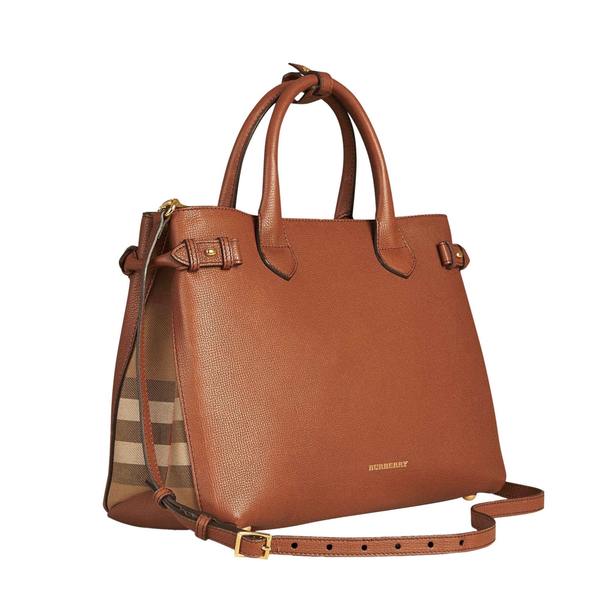 Sac The Banner medium en cuir et coton House check - Tan