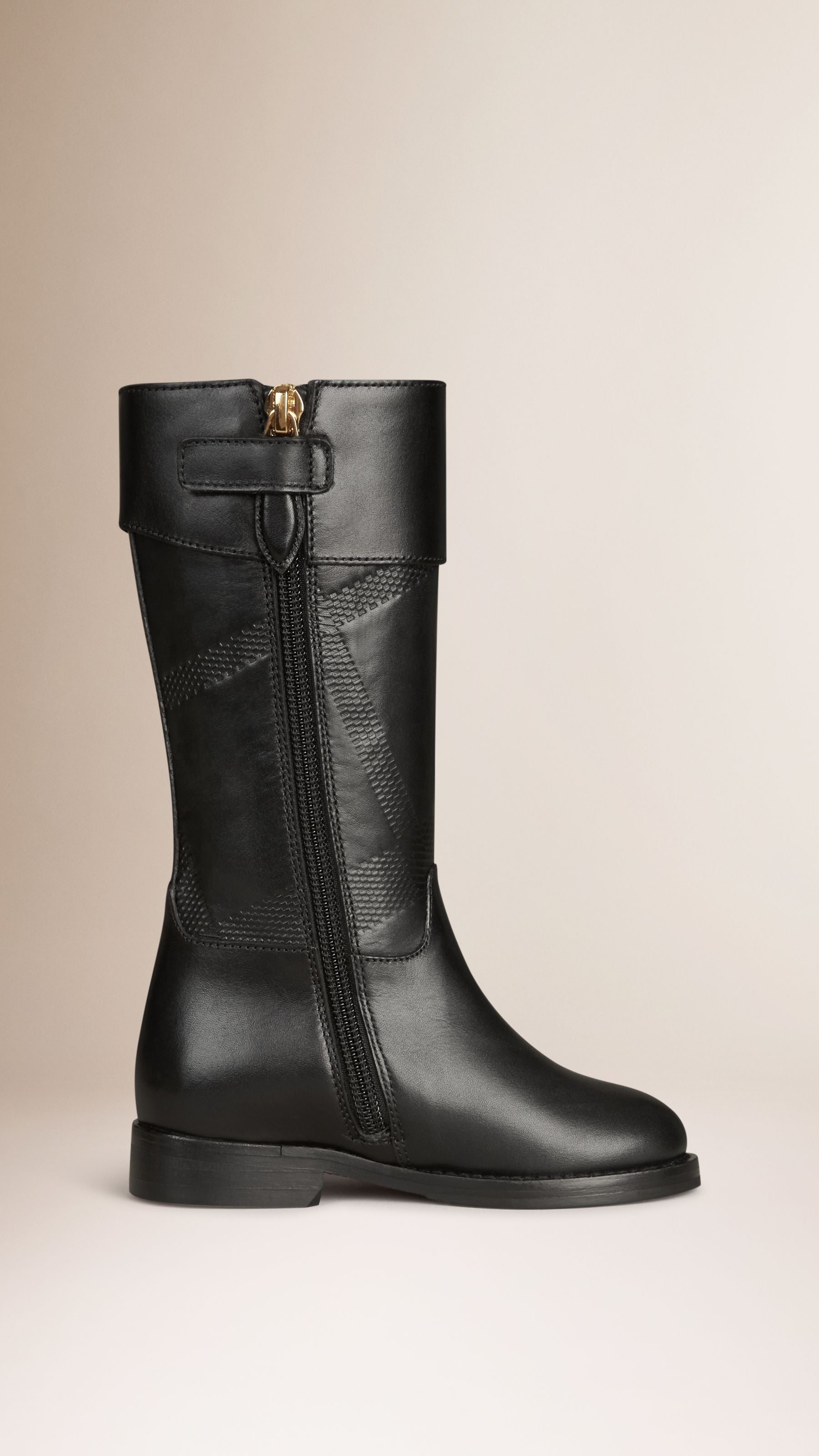 Bottes en cuir à motif check en relief - Black