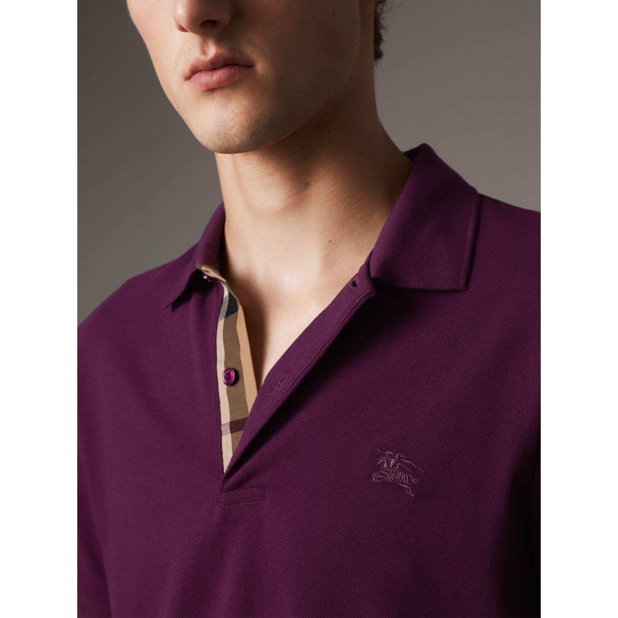 Polo en piqué de coton avec patte à motif check - Deep Purple Amethyst