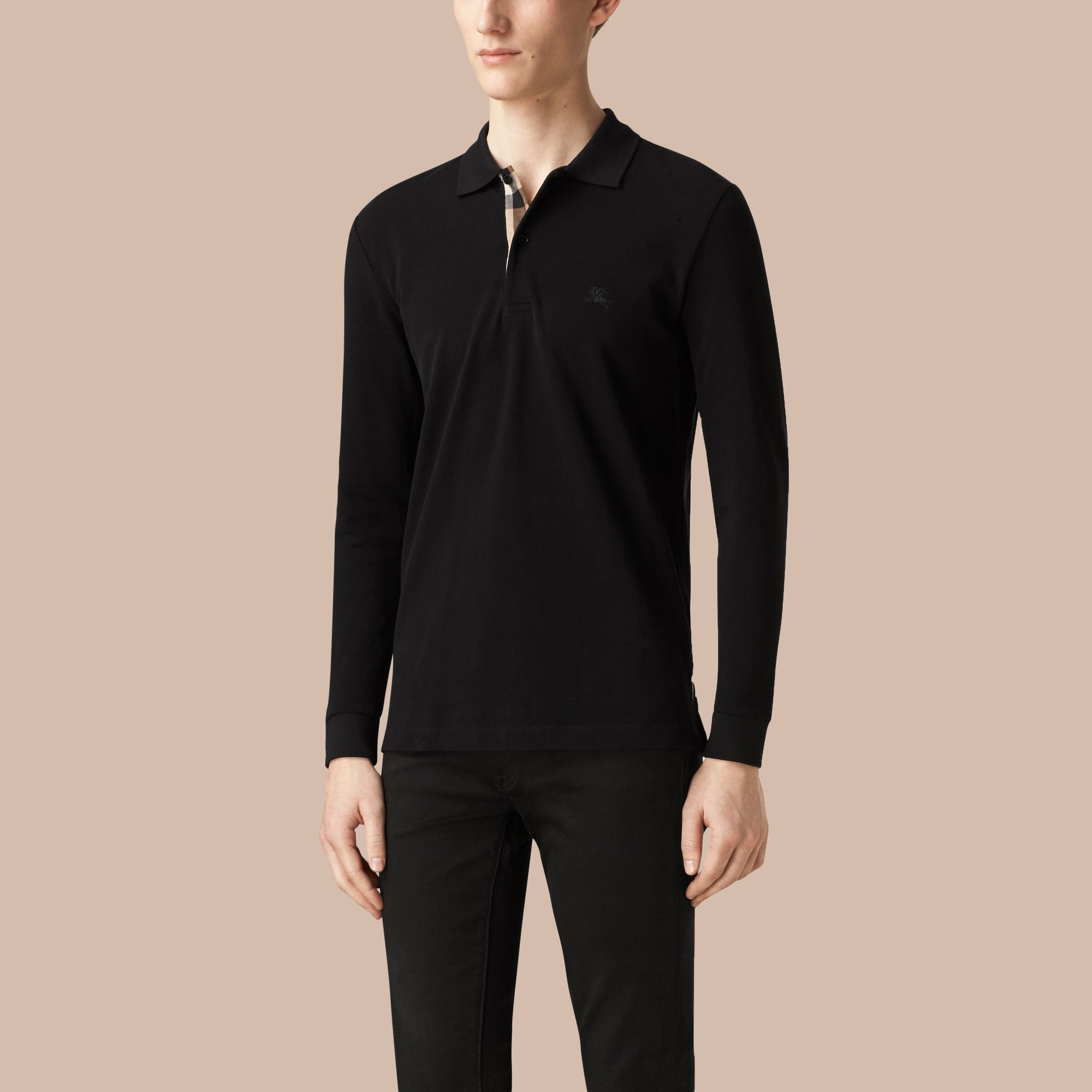 Polo à manches longues avec patte à motif check - Black