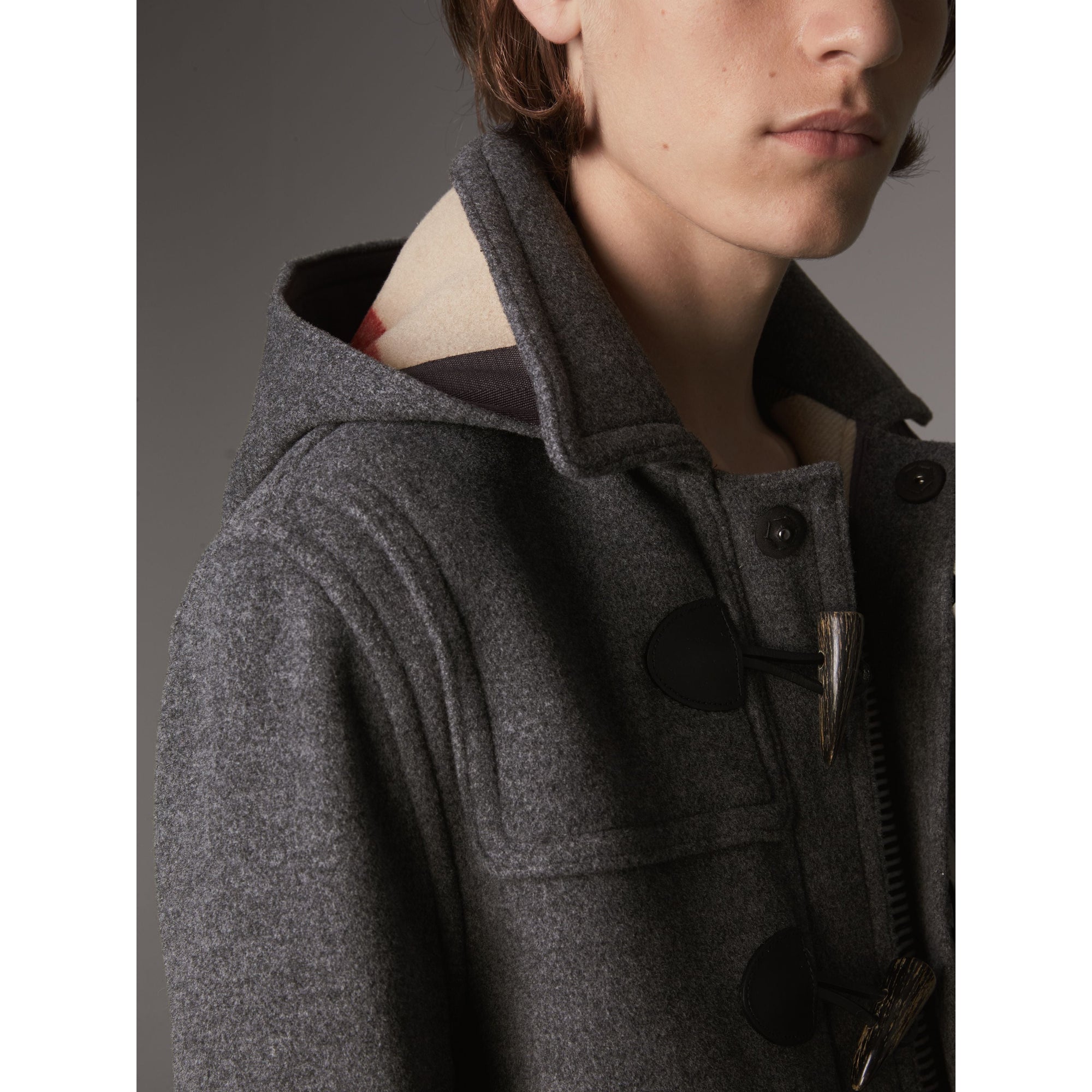 Veste duffle-coat en laine avec capuche amovible - Mid Grey Melange