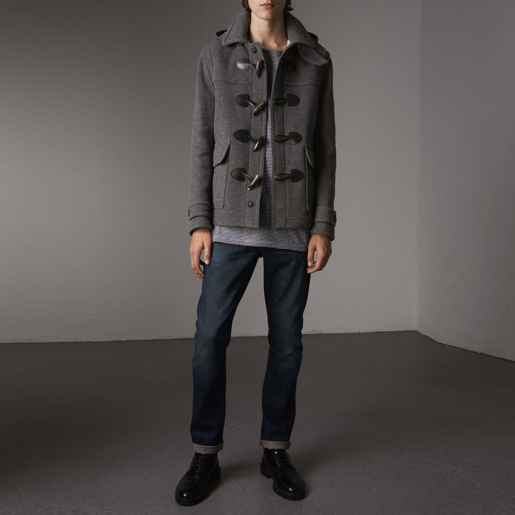 Veste duffle-coat en laine avec capuche amovible - Mid Grey Melange