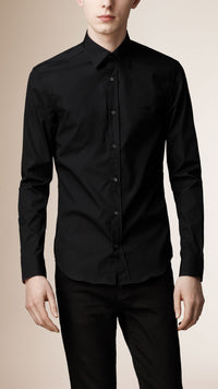 Chemise en coton extensible avec éléments check - Black