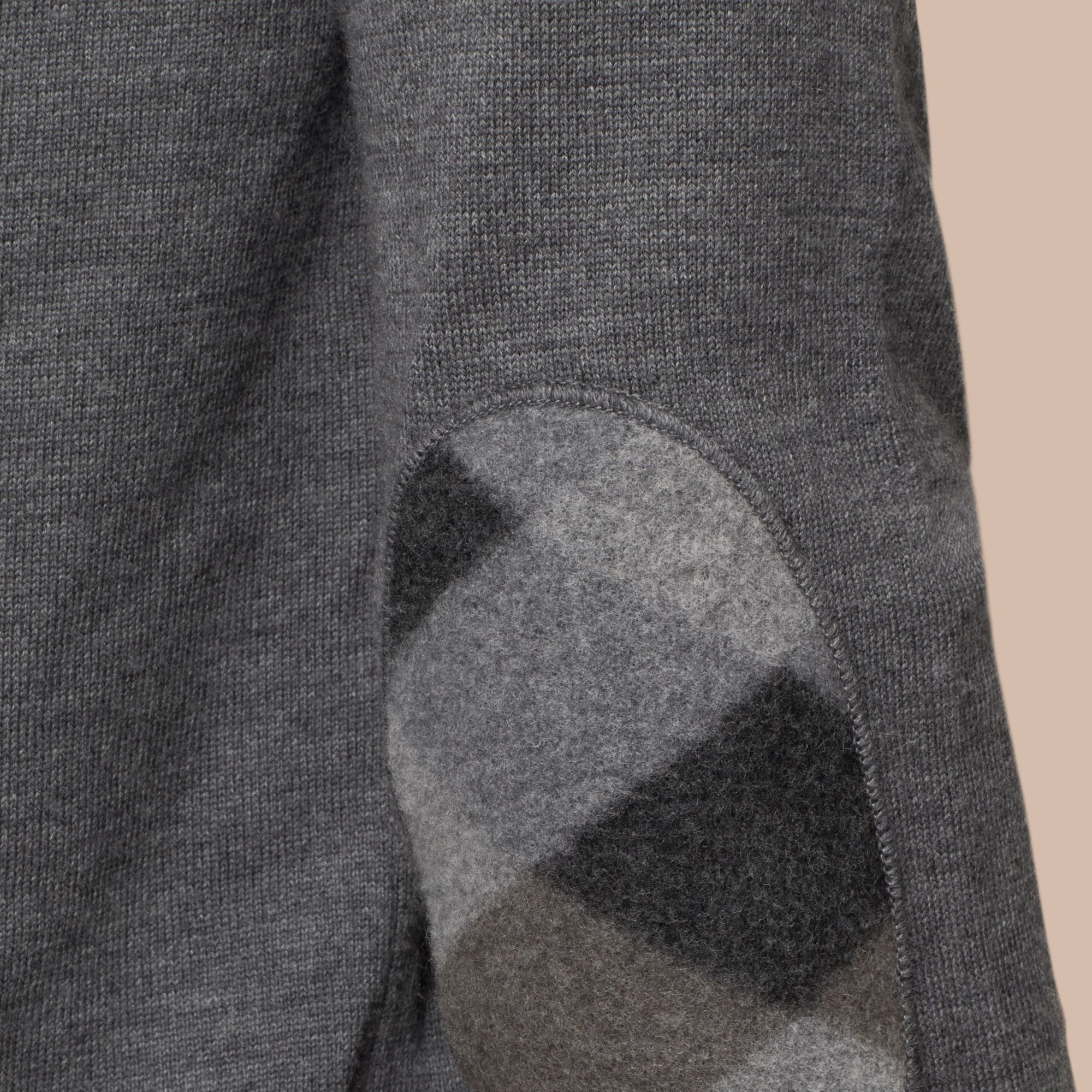 Pull en laine avec coudières check - Mid Grey Melange