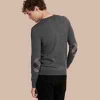 Pull en laine avec coudières check - Mid Grey Melange