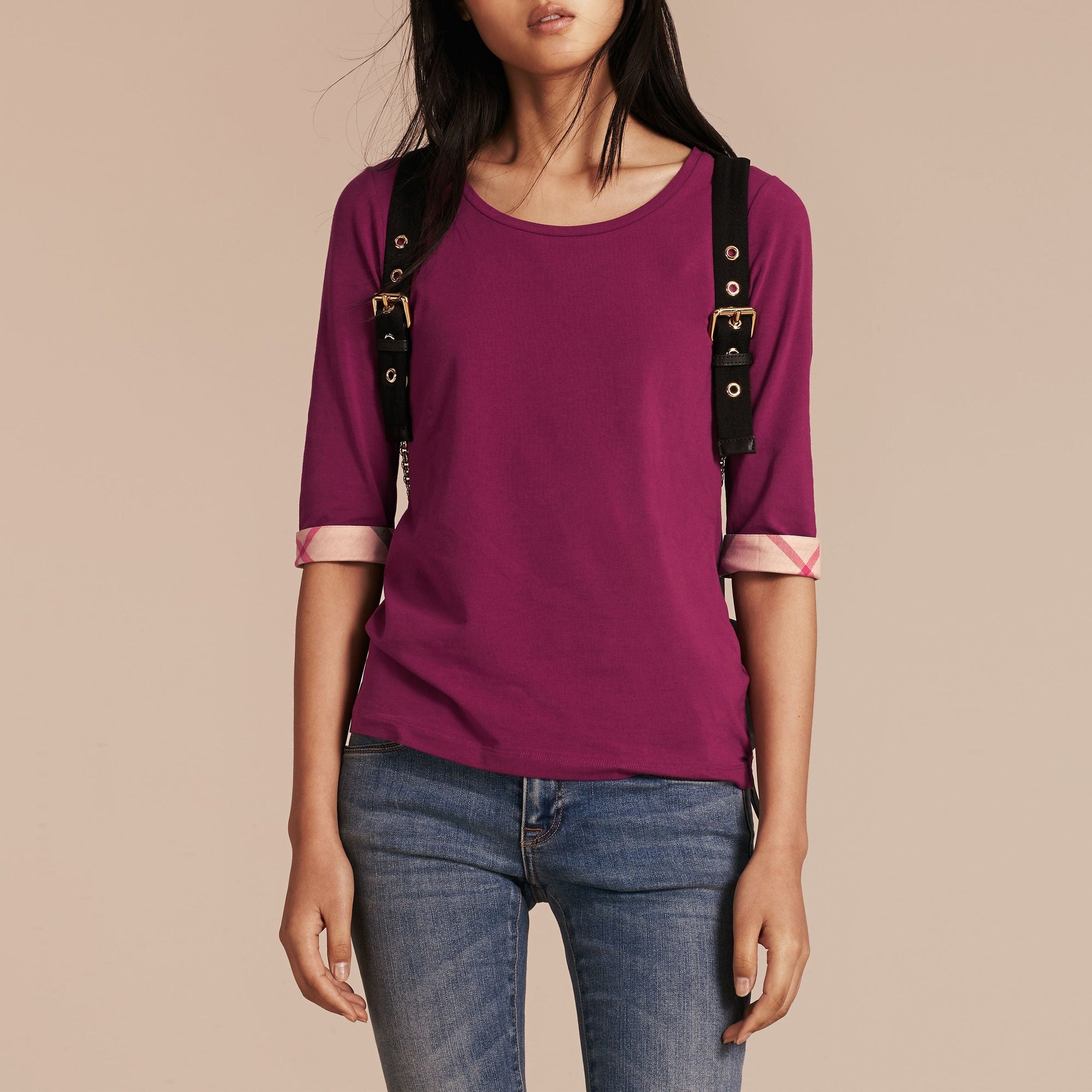 Haut en coton extensible avec revers à motif check - Magenta Pink
