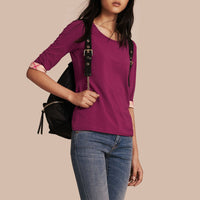 Haut en coton extensible avec revers à motif check - Magenta Pink